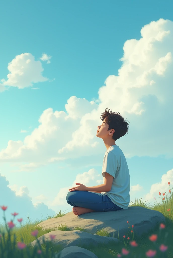 White flecks of clouds in the sky ,Sitting on a rock on a hill and looking at the clouds,Create an image of a teenager with his eyes closed and looking up at the sky..