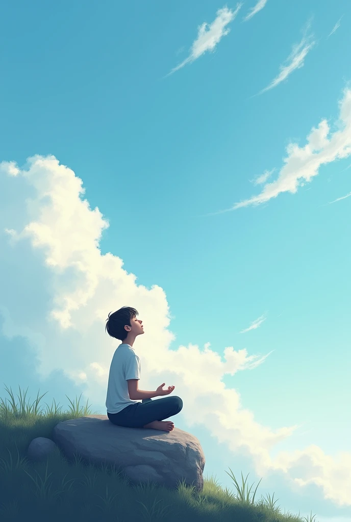 White flecks of clouds in the sky ,Sitting on a rock on a hill and looking at the clouds,Create an image of a teenager with his eyes closed and looking up at the sky..