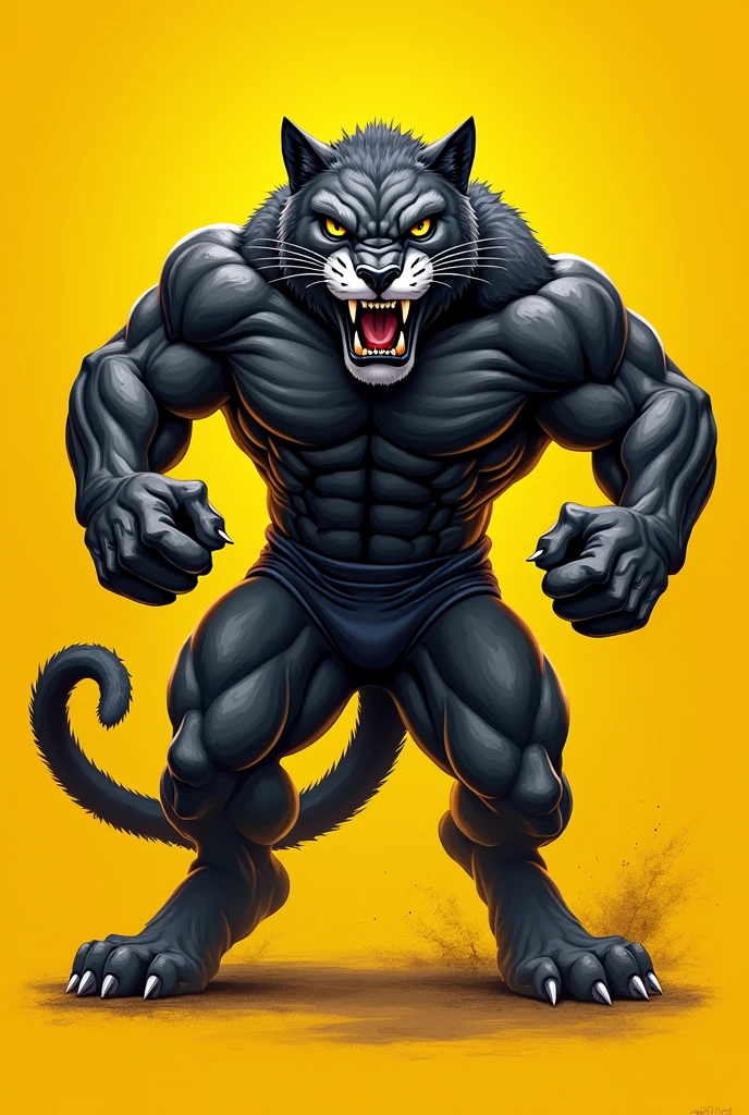 Angry muscular Puma college mascot yellow background