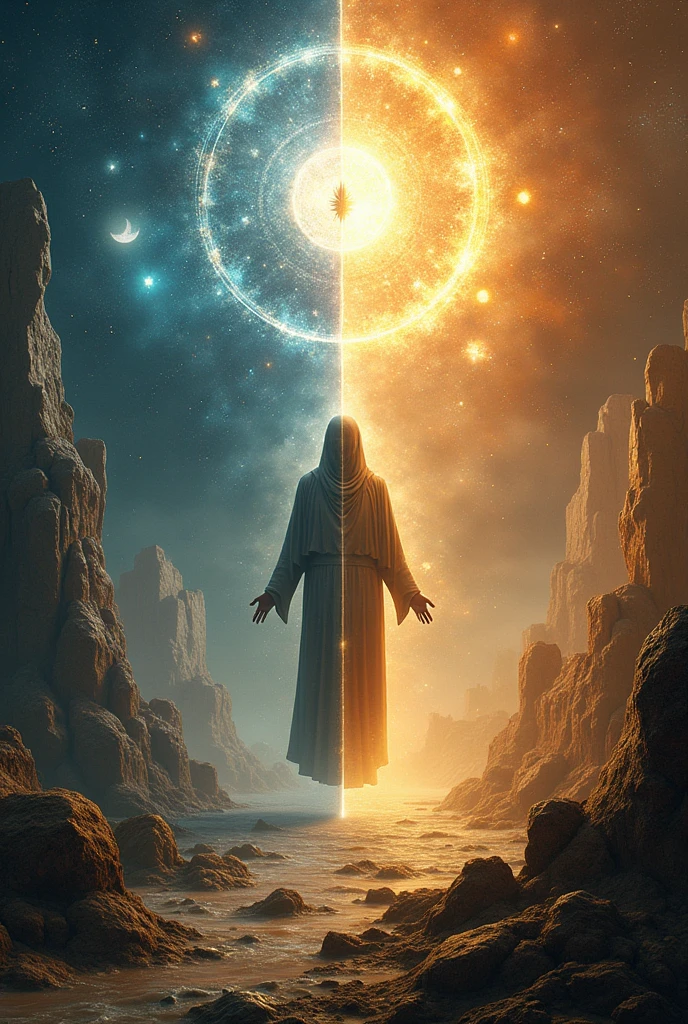 creationism vs evolutionism, on the right the part of creationism as if it were the creation of the universe on the left evolutionism showing the evolution of the world
