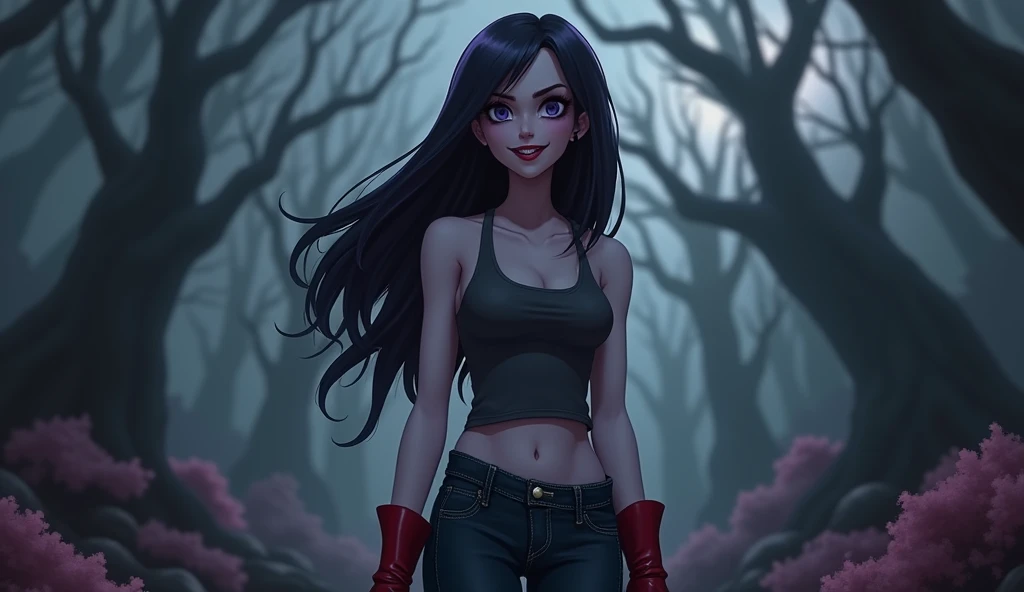 "Create a hyper-realistic, dark fantasy version of Marceline the Vampire Queen from 'Adventure Time', set in a gloomy, surreal environment inspired by the dark and whimsical aesthetic of the original anime. Focus on capturing the intricate details and textures of her face and body. Marceline should have her signature long, flowing black hair with a hint of purple, pale and smooth skin, and sharp, defined fangs. Her expression should blend a sense of melancholy with playful defiance, reflecting her complex personality.
She is dressed in her iconic outfit—a dark gray tank top, fitted jeans, and red boots—with textures that faithfully replicate the original design but add a layer of realism. The details of her clothing, from the worn denim to the leather of her boots, should be richly textured. Pay close attention to the contours of her face, the glint in her eyes, and the texture of her hair to make her appear vividly lifelike.
The setting is a dark, surreal landscape typical of 'Adventure Time', with twisted trees, floating rocks, and an eerie, otherworldly atmosphere. The background should have the whimsical yet ominous vibe of the show but be slightly blurred to maintain the focus on Marceline's realistic and detailed appearance. The textures of her skin, hair, and clothing should be the central focus, with the environment complementing the dark fantasy mood."