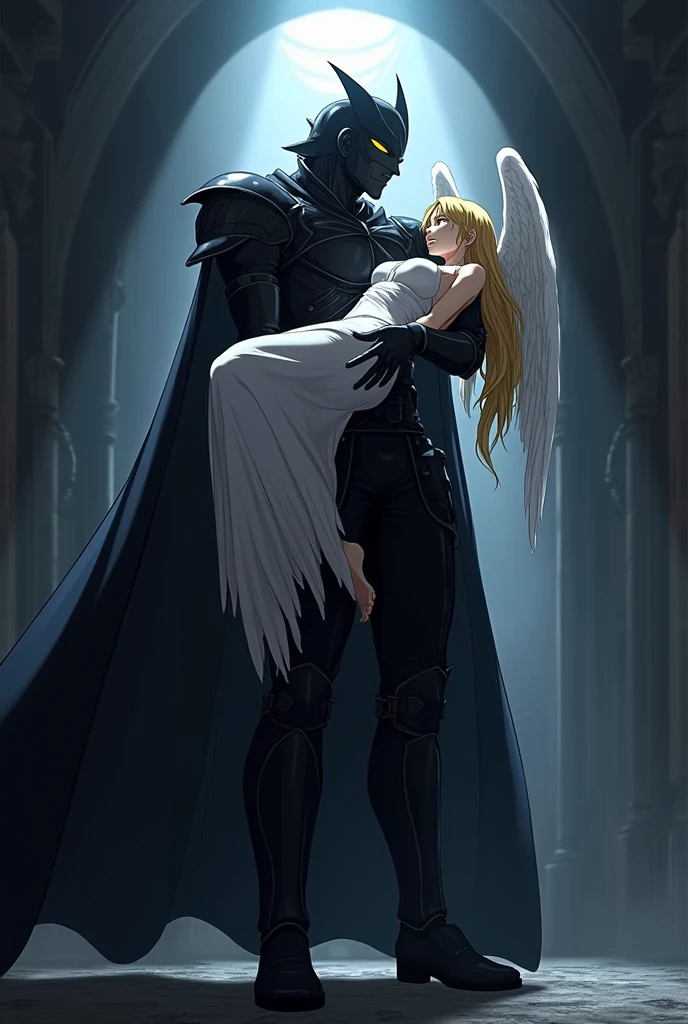 The image is anime style cowboy bebop and Darker than black with shadows and dim lights, anime style although somewhat adult and dark, It shows Golbez from Final Fantasy IV, who wears a theater mask Melpómene or Talia, that does not allow his face to be seen, in a side pose with his cape billowing forward; With both arms he carries an adult female angel who has eight fainting wings, whose head, hanging, like your feet.