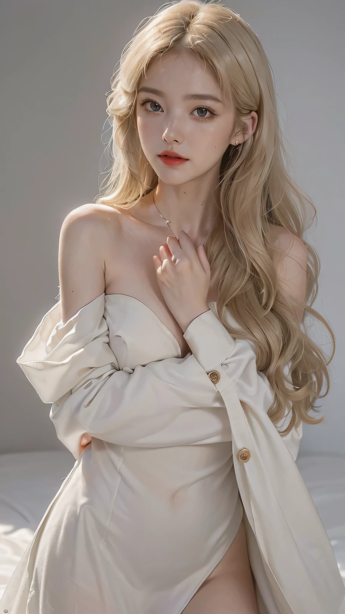 A girl with a bright and innocent expression, Luxury green coat with a collar design, oned up (, Light blonde, shoulder-length hair with soft waves (not too sensual or provocative), Hair should be clean and well-groomed, Glowing, healthy-looking skin with a subtle smile, Star in the eye (a sparkle or a shining star symbol) to represent innocence and magic, Red lips (a soft, subtle shade, not too bold or provocative, Grey background to keep the focus on the subject and avoid distractions, The picture should exude innocence, elegance, and a sense of wonder, es, ensuring the image is suitable for all ages, Ensure the subject's pose and expression are natural and relaxed, avoiding any provocative or uncomfortable positions.