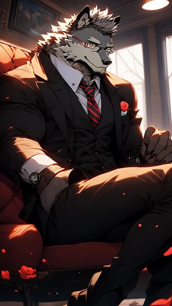 A Very Muscular Furry Gray Wolf. He is wearing A Black Pants with a belt And A Red tie And And a black suit. He have a frowny face. He is looking at you. He have A Gray Very messy hair. His right hand is on his leg And his left hand is holding a can. He is wearing a black glasses. He is sitting on the floor. He have a black gloves on his hand. He have A Watch on His Arm. He have a roses in his pockets