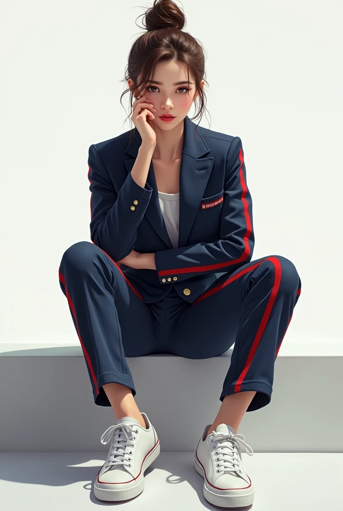Make me a picture of a girl with her hair tied up in a bun, brown hair with a navy blue jacket with red stripes and navy blue pants with red stripes. The girl should be pale, that is, white skin and with white sneakers.