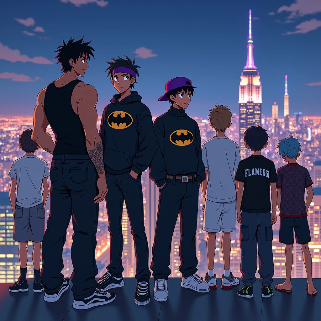Create an image of 8 anime style friends, in the background there is a city and it is night in the city, New York style, and they are side by side on top of a building looking at the view.


The first friend, he is wearing a black tank top and his arms have veins, he wears baggy black jeans, it is white in tone.
he has black hair and he has a purple headband tied around his head, he has a confident face, but without smiling. Ele está com um com tennis 
totalmente preto. He is tall.


The second friend, is wearing a sweatshirt and black pants, and shoes too, 
is wearing a black hat. and his mouth has a slight smile. and his eyes shine white. your hair is black. He has a white belt around his waist. He is tall. Your skin tone is black.


The third friend, is wearing jeans and a Batman symbol sweatshirt. e um tennis preto também. your hair is black, and your skin tone is dark. He is tall.


The fourth friend, está com um tennis branco está usando uma calça jeans preta, and a turtleneck shirt, ele tem o cabelo castanho e esta sorridente e Her skin tone is fair. He is tall.


The fifth friend, is wearing baggy black pants, e um tennis branco, Her skin tone is fair, his shirt is gray and his hair is light brown, e He is tall.


The sixth friend, is wearing all white clothes, tennis, shirt and pants, and your hair is white too, he has light skin tone. He is tall.


The seventh friend, is wearing a Flamengo shirt (Brazilian soccer team)
o your hair is black e usa uma calça social, and your skin tone is dark. and has tattoos on his arms, e He is tall.


The eighth friend, is wearing a black shirt, um short/ben 10 shorts, and he is barefoot, your hair is blue.

They are all the same size.
