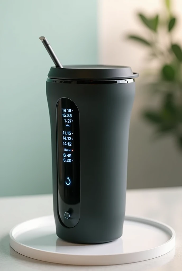 , a smart reusable cup. This mug is designed not only to be eco-friendly, made of biodegradable materials, It also has a digital display that indicates the temperature of the drink and the time that has passed since it was served.. besides, It has a tracking system that connects to an app to remind you when it's time to clean the bowl or when you should drink more water..