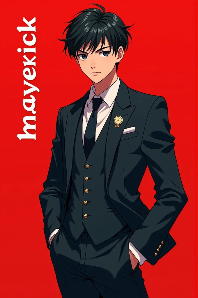 Anime boy in three piece old school with red background and text "Maverick"