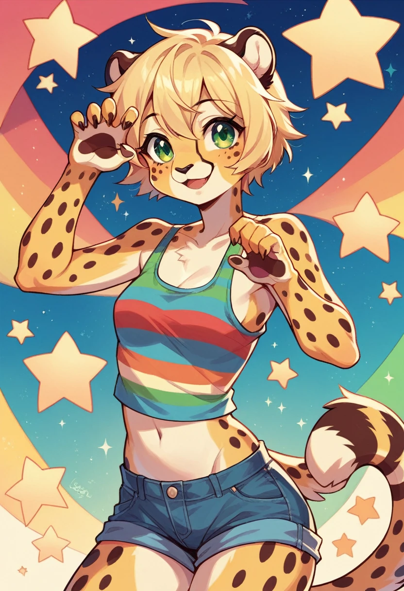 Anthropomorphic, cute, cheetah woman, short chic blonde hair, green eyes, hourglass, small breasts, colorful rainbow striped tank top, jean shorts, cheerful smile, cute pose, stars background