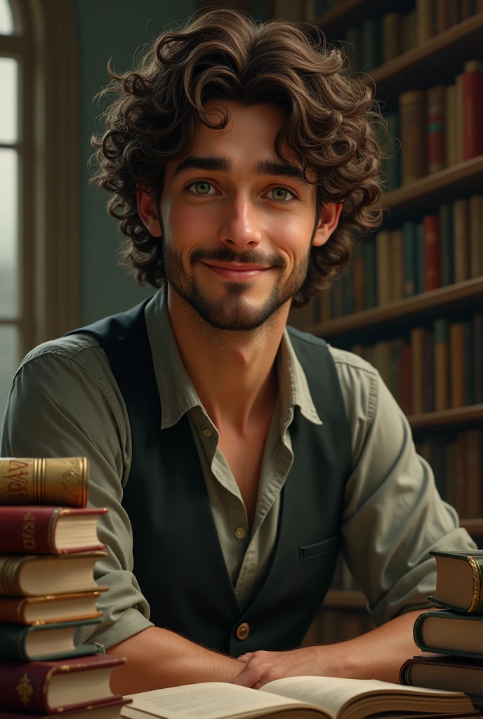 A men that is to tall 
Curly dark beown hair 
Sof smile without beard 
Green eyes 
And books near him