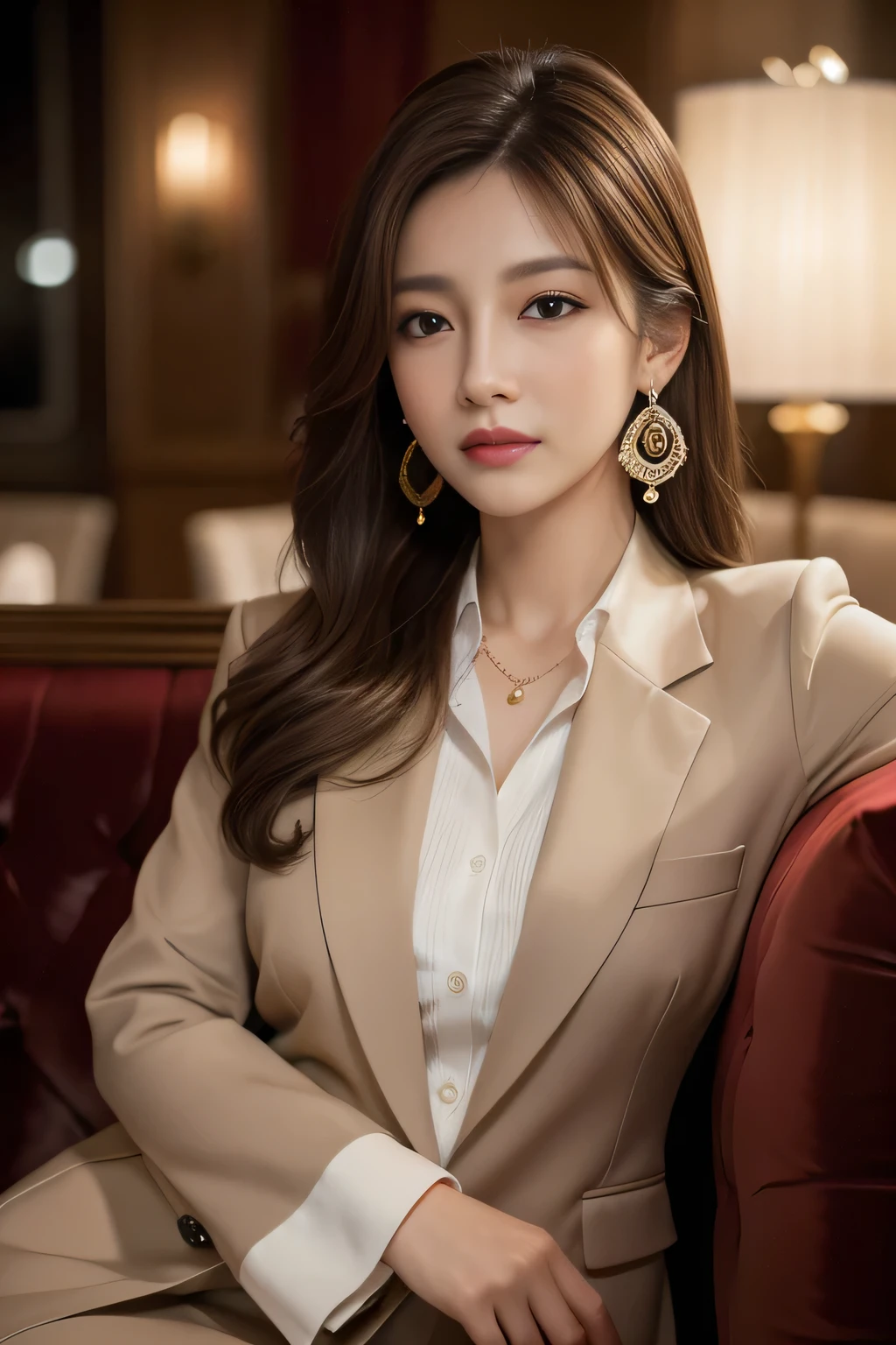 masterpiece, Highest quality, Realistic, Very detailed, Finer details, High resolution, 8k wallpaper, One beautiful woman, Wear a nice suit, In a great restaurant, At night, Light brown messy hair, Perfect dynamic composition, Beautiful and beautiful eyes、Big earrings、Sit on the sofa