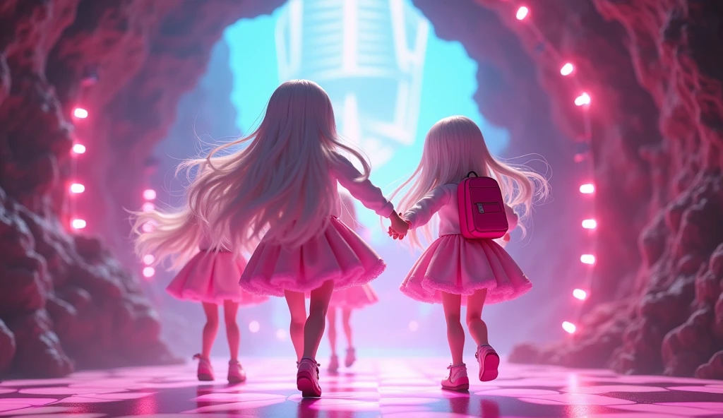 Beautiful small square Roblox female dolls, with long white hair, kawaii clothes with vintage pink dress and white shirt and kawaii pink backpack and no lips, white skin, no mouth and beautiful body, she is dancing in a cave, cartoon, Vice City GTA, ceuva background with a dance floor