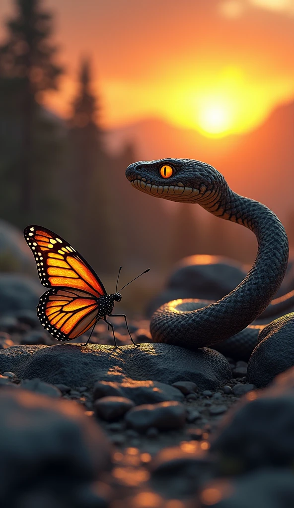 This is a digital image of a Buterfly walking on rocky ground. The snake is facing the right side of the picture, and its eyes are yellow. The background is a dark orange sky from sunset. The land is covered with rocks and boulders and there are some trees and mountains in the distance. The general feeling of the image is fierce and powerful.