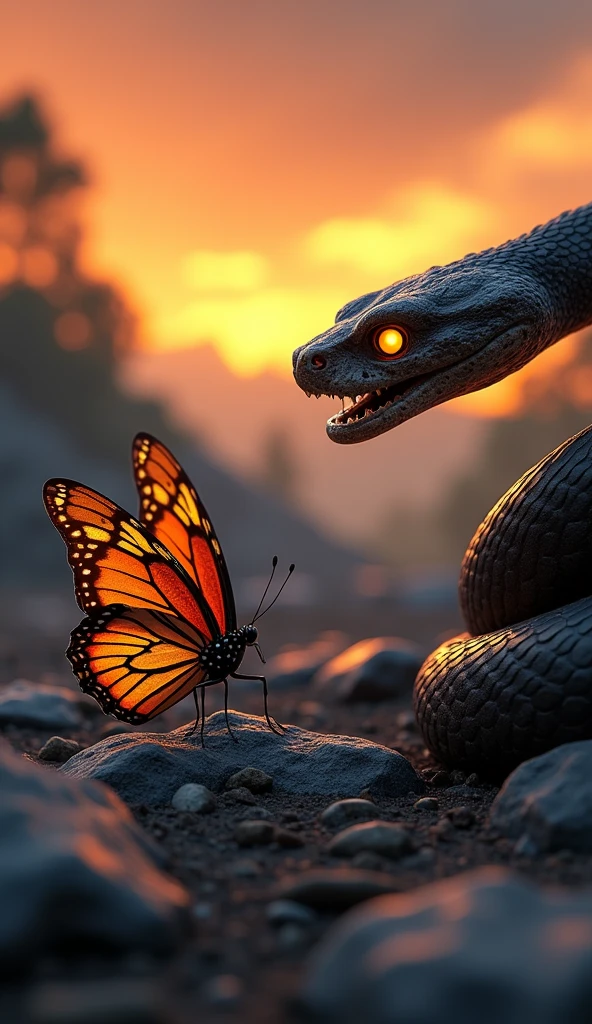 This is a digital image of a Buterfly walking on rocky ground. The snake is facing the right side of the picture, and its eyes are yellow. The background is a dark orange sky from sunset. The land is covered with rocks and boulders and there are some trees and mountains in the distance. The general feeling of the image is fierce and powerful.