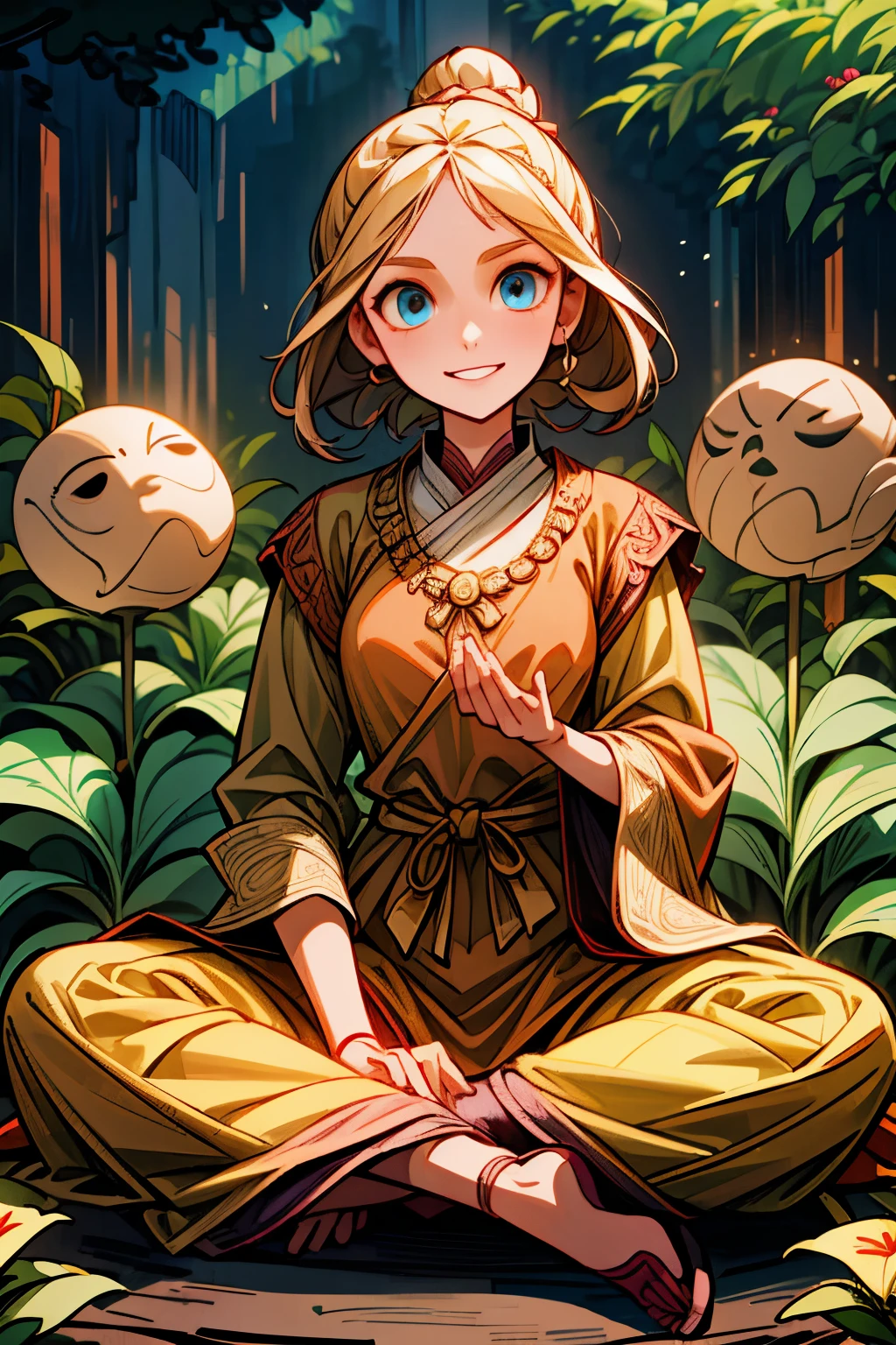 (masterpiece), best quality, expressive eyes, perfect face, a girl dressed with indian cloths, doing meditation in a garden, intricated cloths, Anna Kendrick, anime style, eyes closed, smile, blonde