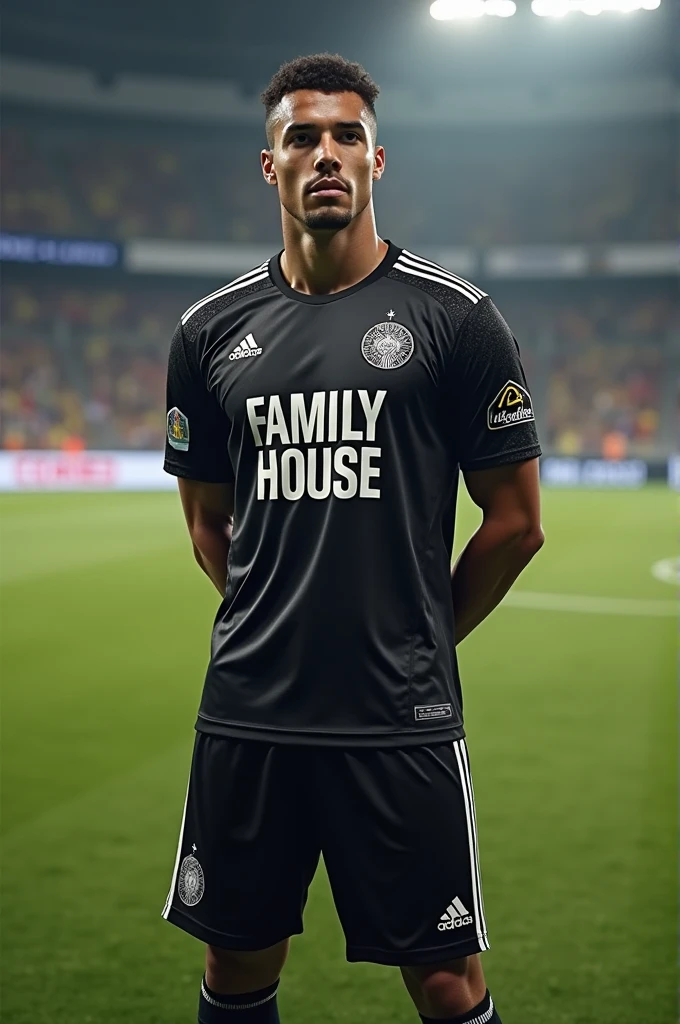 Colombian soccer goalkeeper uniform in black and white with the word family house