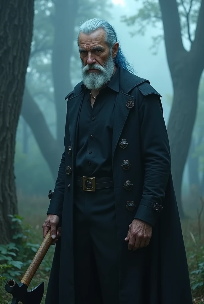 A handsome grandfather with blue hair and beard,with elegant black pants and shirt,bright brown eyes,that is in a foggy forest,that has an axe,angry and scary looking and beardless and with a fancy bang 