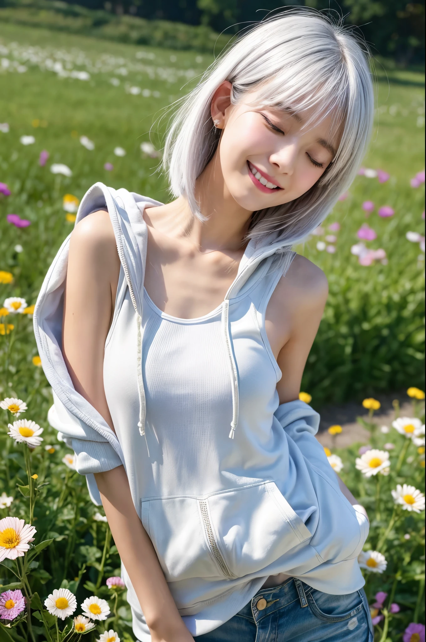 With many bouquets、masterpiece, Highest quality, Very detailed, 8k, Realistic, One Girl, alone, Tomboy, Very detailed face, (head shot:1.5), Standing in a field of colorful flowers, Pixie cut white hair, He is wearing a short tank top and an open-zipped hoodie......,I can see your chest,Nice ass, close your eyes、Open your mouth wide、smile