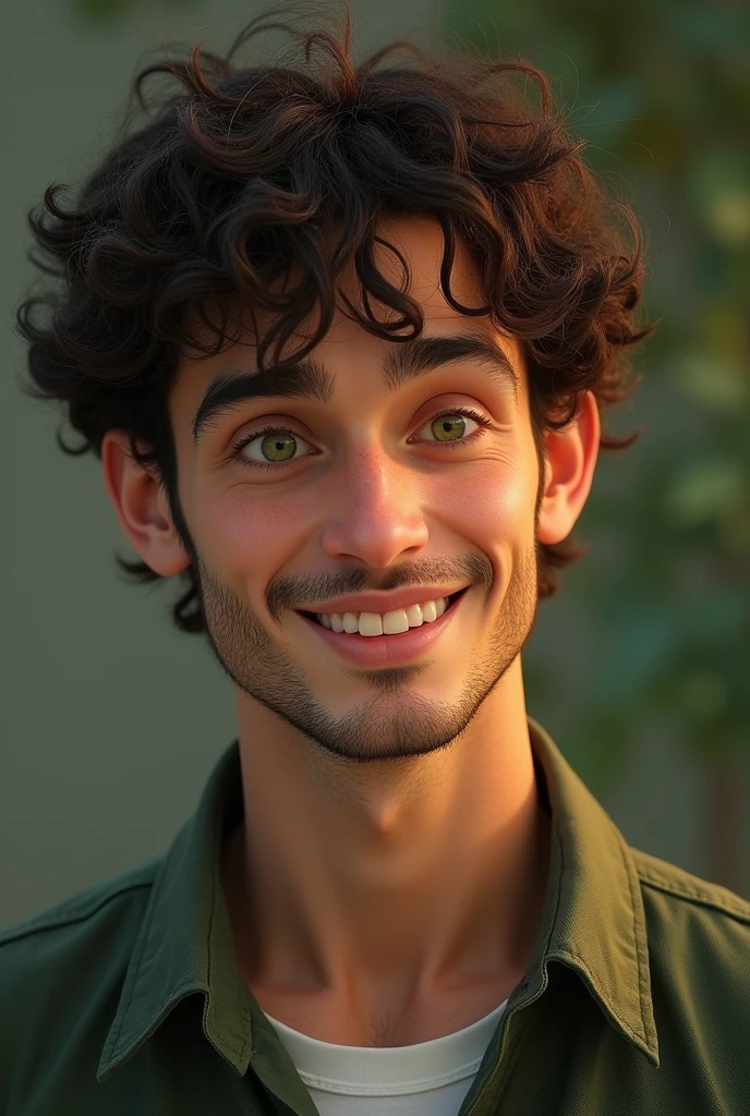 A men that is to tall
Curly dark beown hair
Sof smile without beard
Green eyes