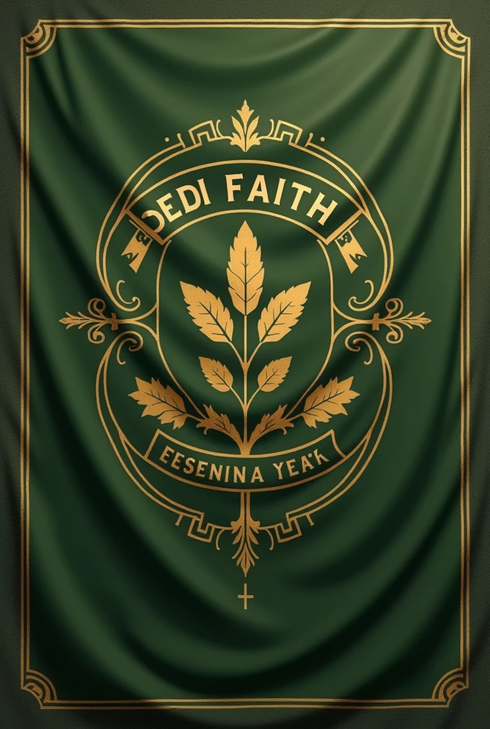 An art for an evangelical flag in olive green color, with a simple round golden coat of arms with the name good faith and a symbol of a seed.