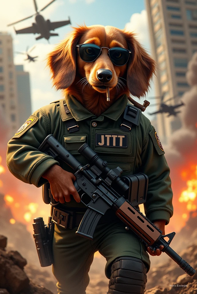 Dachshund　length　Hairy、SWAT team uniform with JTT logo printed on chest. Rifle I own.　「JTt」It says:、He is wearing sunglasses、Smoking a cigar、background　A fierce battlefield where fighter jets and helicopters engage in aerial combat、The explosion is next々This is occurring