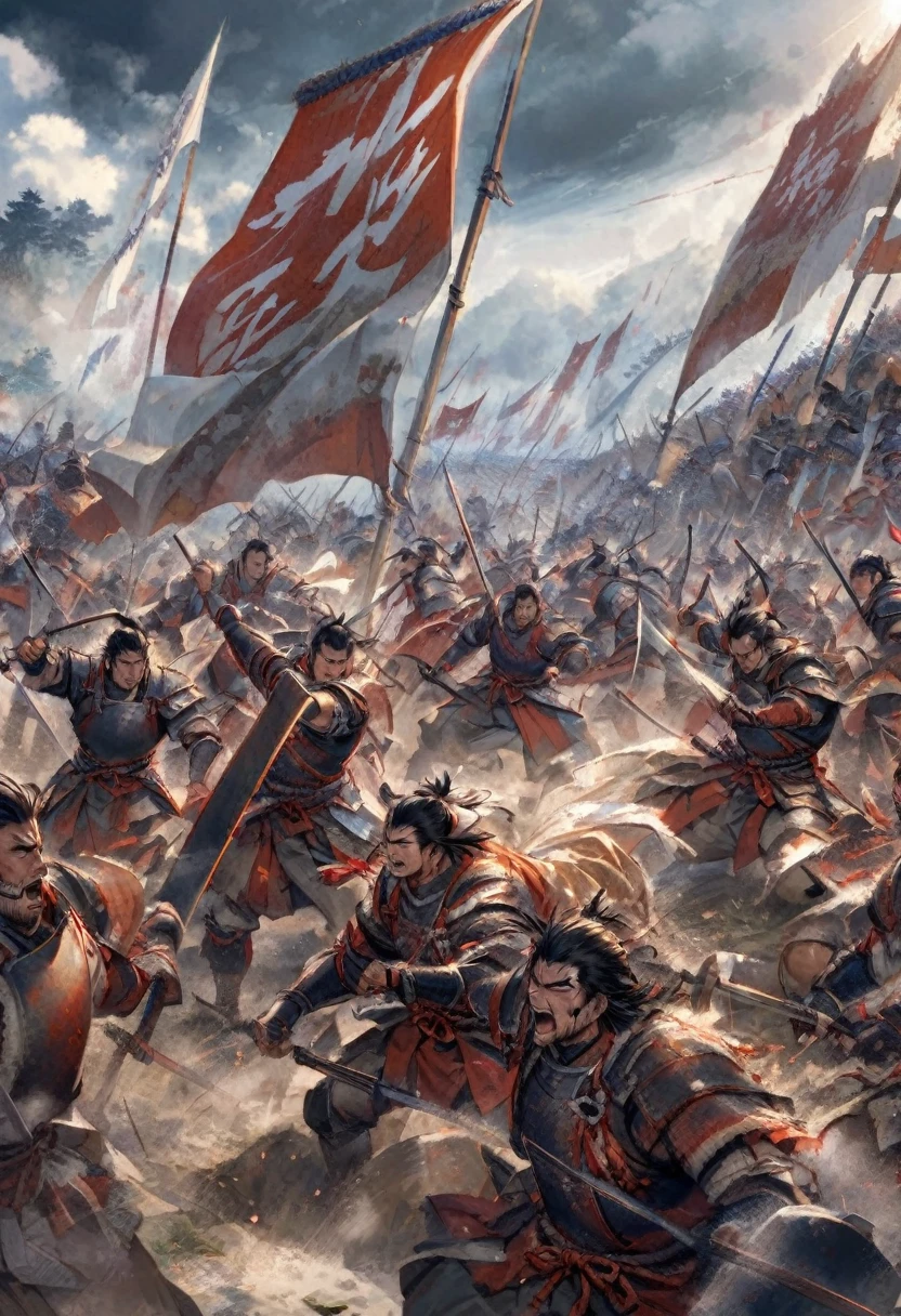 A panoramic view of a Japanese battlefield during the Sengoku period, with muscular samurai warriors in armor, banners waving, and a sense of intense action. The sky is cloudy, adding a dramatic atmosphere to the scene."