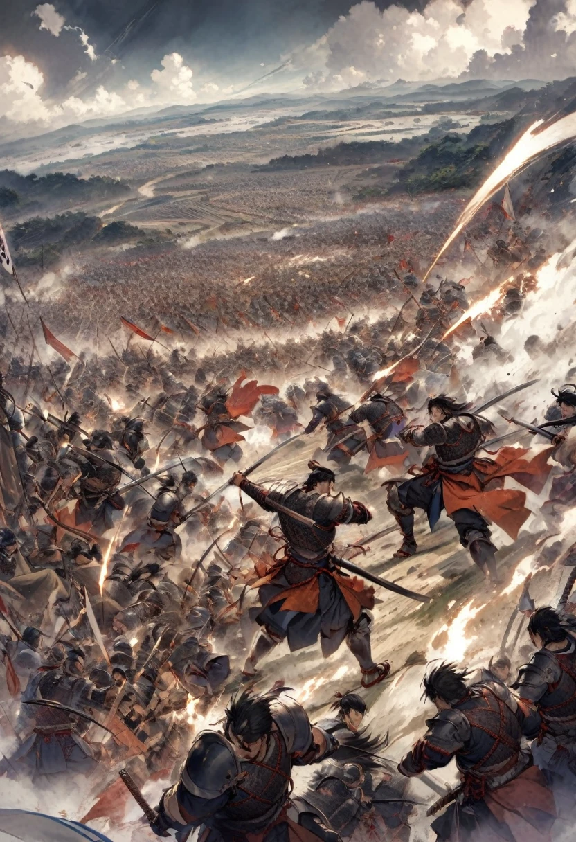 A panoramic view of a Japanese battlefield during the Sengoku period, with muscular samurai warriors in armor, banners waving, and a sense of intense action. The sky is cloudy, adding a dramatic atmosphere to the scene."