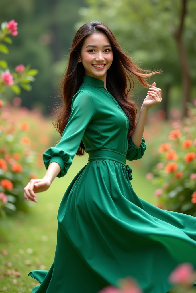 Realistic full body photo of a smiling black haired young indonesian woman with long hair, She is dancing in front of the camera in a long green skirt blouse skirt dress..., Garden, glamor photoshoot, Flower garden, perfect anatomy, perfect brown eyes. Perfect hands with 5 fingers on each hand, Suitable girl, looking at the camera, 1 Frau. (Eye makeup: 1.1), (highly detailed skin: 1.1), vibrancy, analog style, sharp focus, 8K UHD, dslr, good quality, Fujifilm XT3, Grain, Award winner, masterpiece. Park