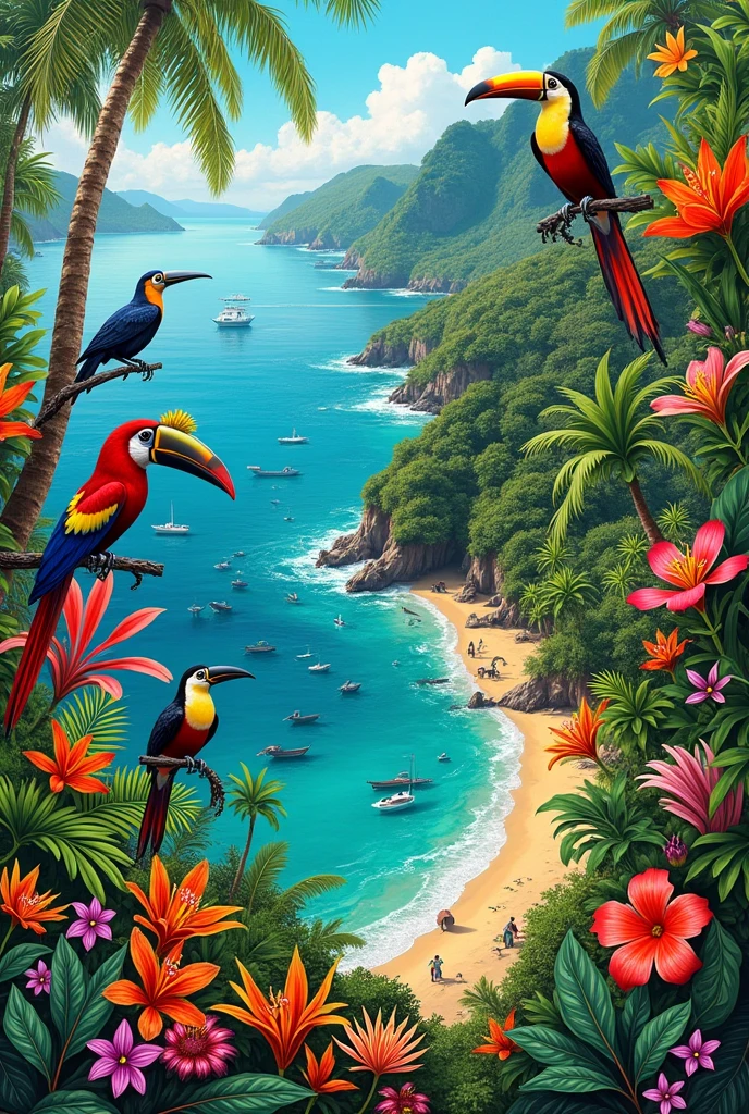 Create a collage of the flora and fauna of the Colombian coast
