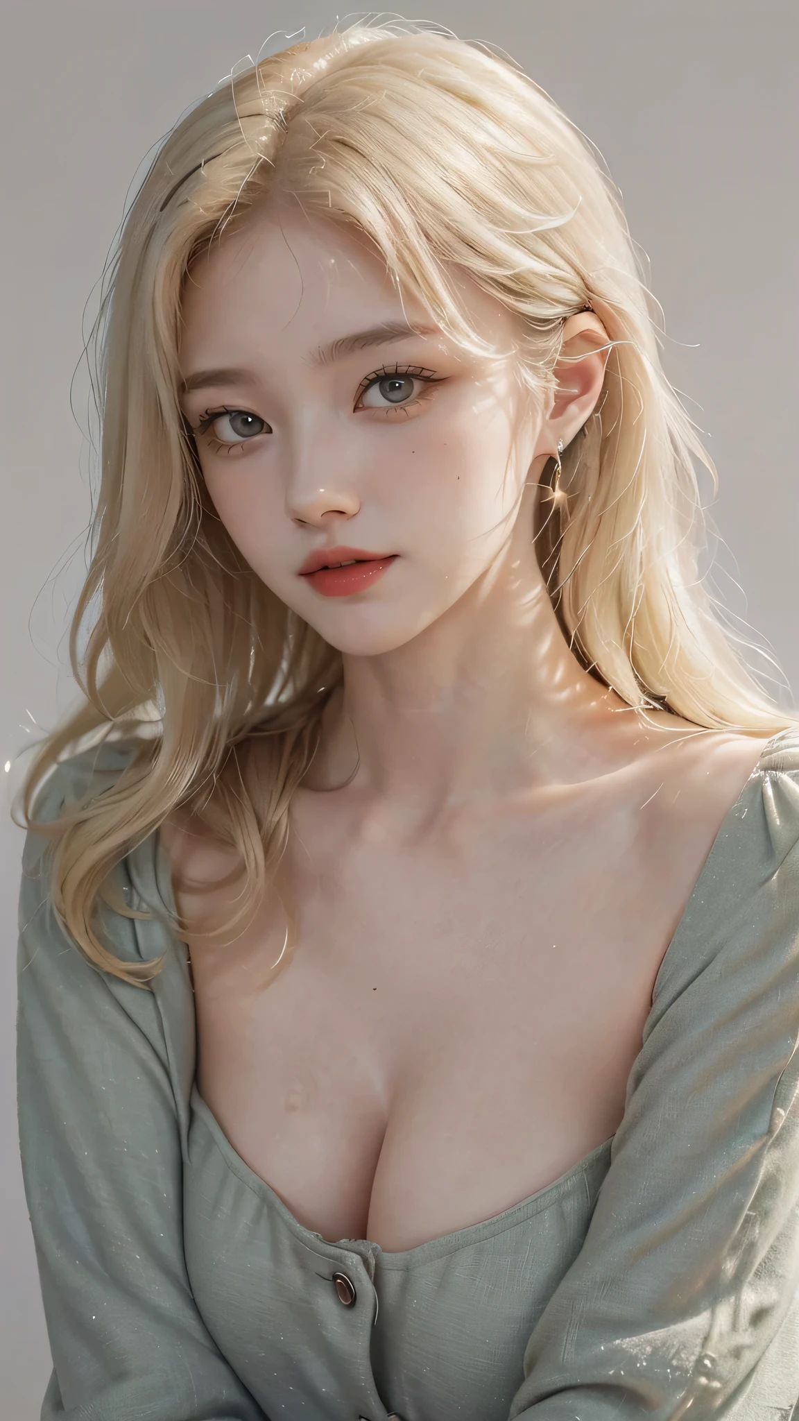  A girl  with a bright and innocent expression, Luxury green coat with a collar design, buttoned up (, Light blonde, shoulder-length hair with soft waves (not too sensual or provocative), Hair should be clean and well-groomed, Glowing, healthy-looking skin with a subtle smile, Star in the eye (a sparkle or a shining star symbol) to represent innocence and magic, Red lips (a soft, subtle shade, not too bold or provocative, Grey background to keep the focus on the subject and avoid distractions, The picture should exude innocence, elegance, and a sense of wonder, es, ensuring the image is suitable for all ages, Ensure the subject's pose and expression are natural and relaxed, avoiding any provocative or uncomfortable positions.