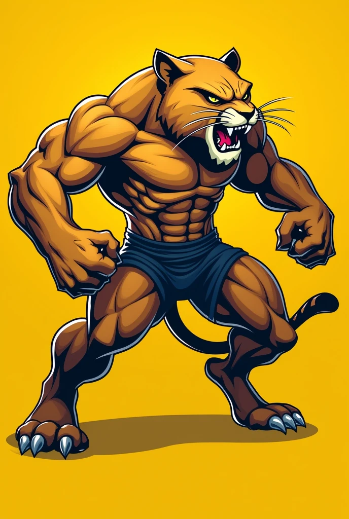 Light puma muscular and angry university mascot yellow background