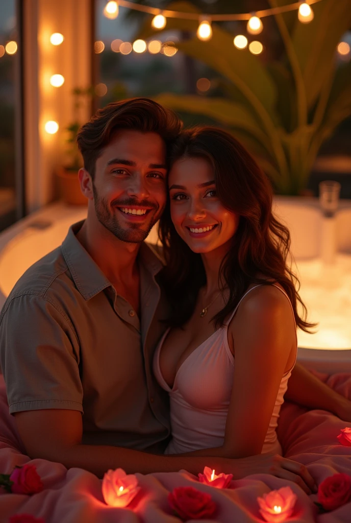 a young couple, radiant and in love, posing looking at the camera for a souvenir photo of their romantic night at a boutique motel. The room is decorated with dim lights, rose petals and a bubbling jacuzzi in the background. 