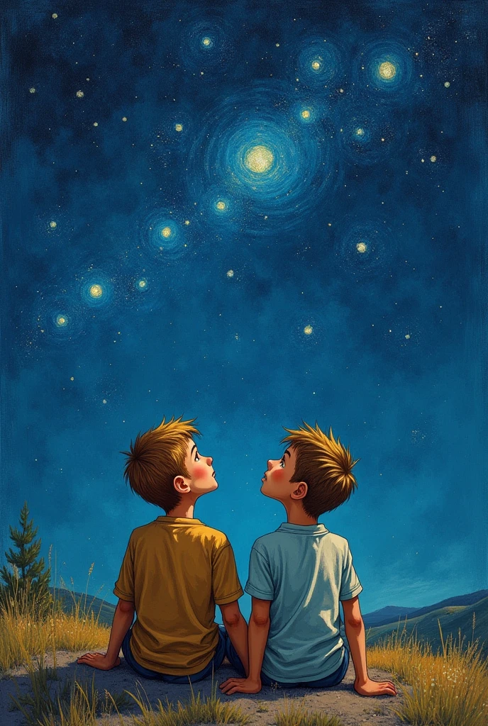 Two boys sitting admiring the stars in semi-realistic drawing style by Vincent Van Gogh