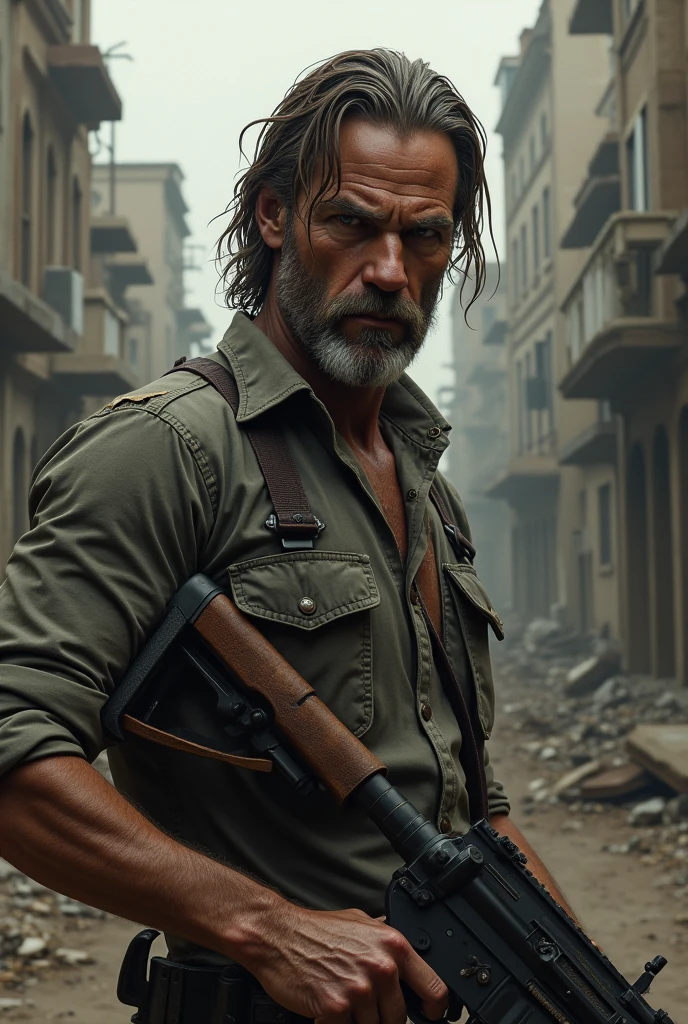 Rick Grimes com uma AK 47 nas maous