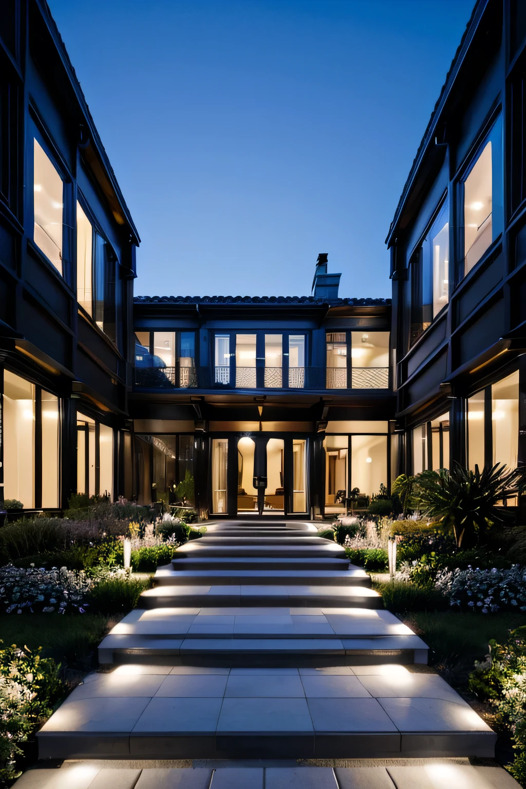 Beautiful luxury house with so many lights and beautiful landscape very big house and stairs lightining outside the building there is lot of flowers