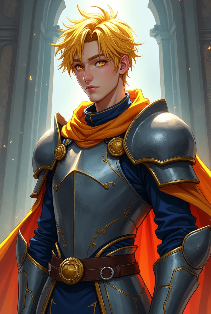 young man, Short yellow hair , adult, High, strong, , Anime, Fars, Yellow eyes, dressed as a knight 
