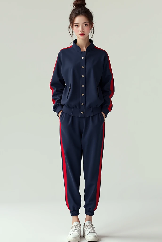 Make me a picture of a girl with her hair tied up in a bun, brown hair with a navy blue jacket with red stripes and navy blue pants with red stripes. The girl should be pale, that is, white skin and with white sneakers.