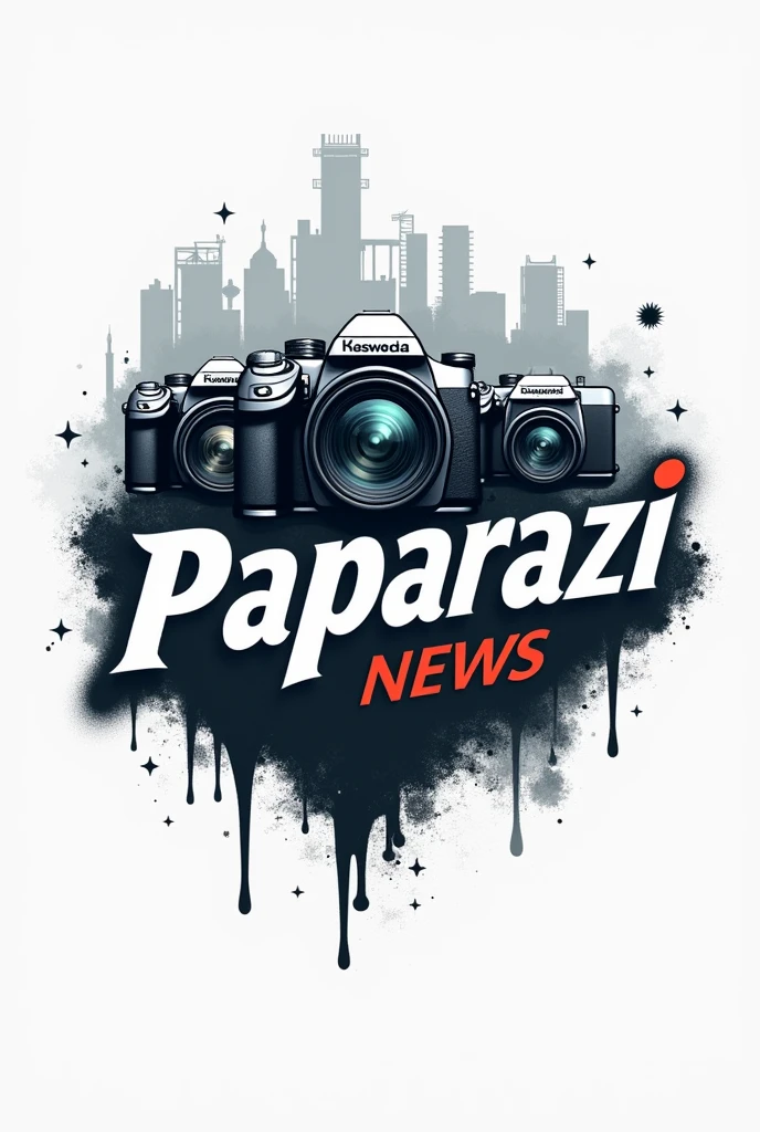 newspaper logo with the name paparazi more discreetly, several cameras in the image, industry in the background