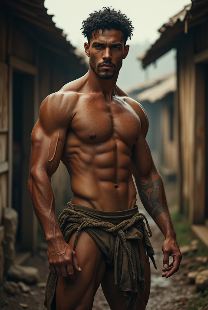 A tall, muscular tanned boy, Shirtless, curly very short black hair, sweaty and ragged attire, G-string, standing in a rustic village setting, high detail, realistic, dynamic lighting, portrait, character design, cinematic atmosphere, masterpiece .