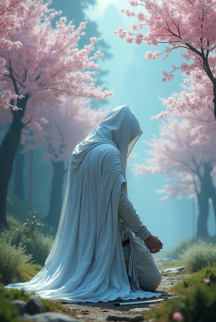 Man in a white and blue sifi cloak on his knees with a white katana laying on the ground in front of him under a valley of pink japanese trees.