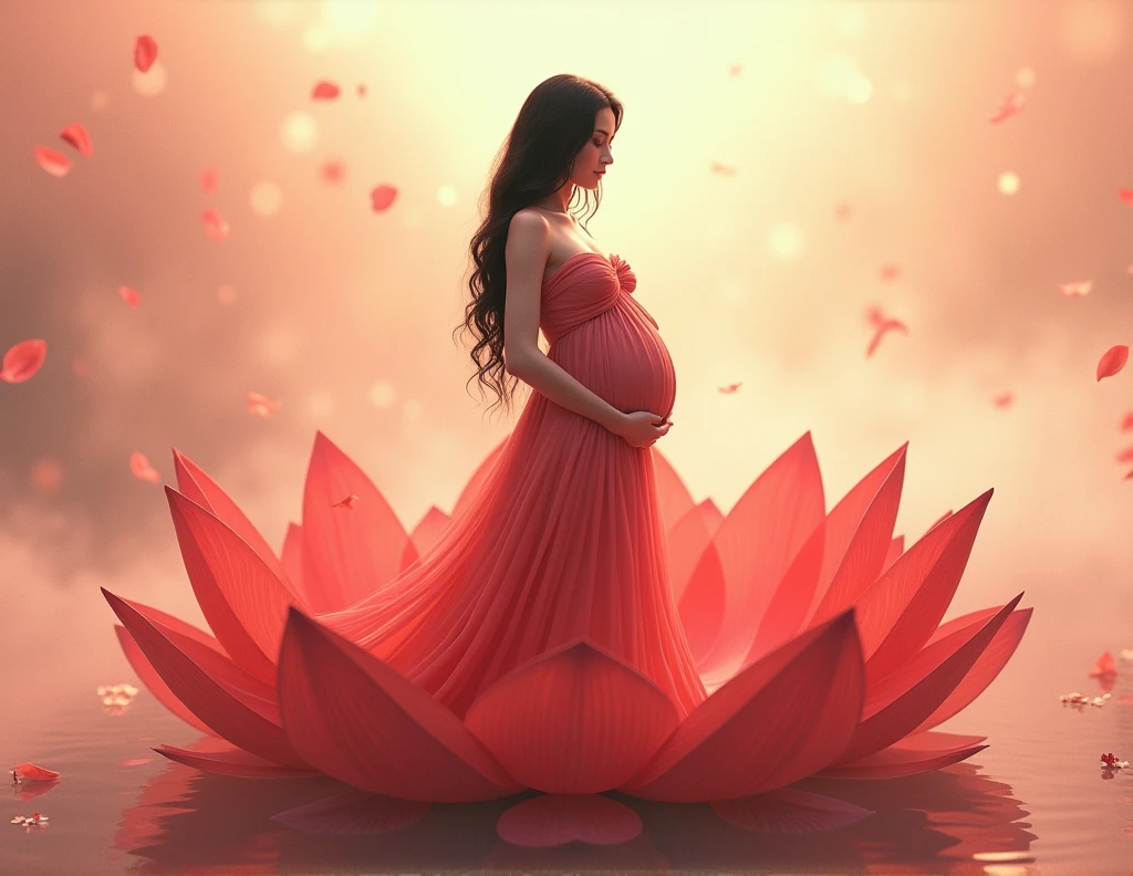 full length, black hair and red dress pregnant , looking camera , Beautiful face, dress made of red rose petals, Light pink and light white tones, Esbian Full Body, beautiful backgrouond , daylight, Efeito de Luz, Minimalistic, Solar, pure tenderness, soft lighting, Realism. beautiful woman stand on a super giant lotus with double and long petals (petals made of thin, soft transparent,streaming, fabrics, full background of flowing petals, floating flower, super flying petals, Smoke effect, Fog, some water reflaciton mixed with petals), lotus dress, ((ss-through)) full length.