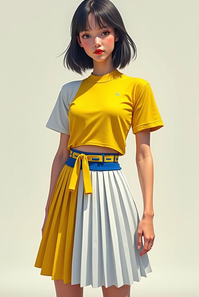 Design a pleated skirt model, wide planks and in the division combine it with yellow color, above the ilban surrounded with yellow ribbon and the yellow blouse combined with white and some blue sherleader-type design for a  sports girl with the colors of yellow Brazil, blue and white.
