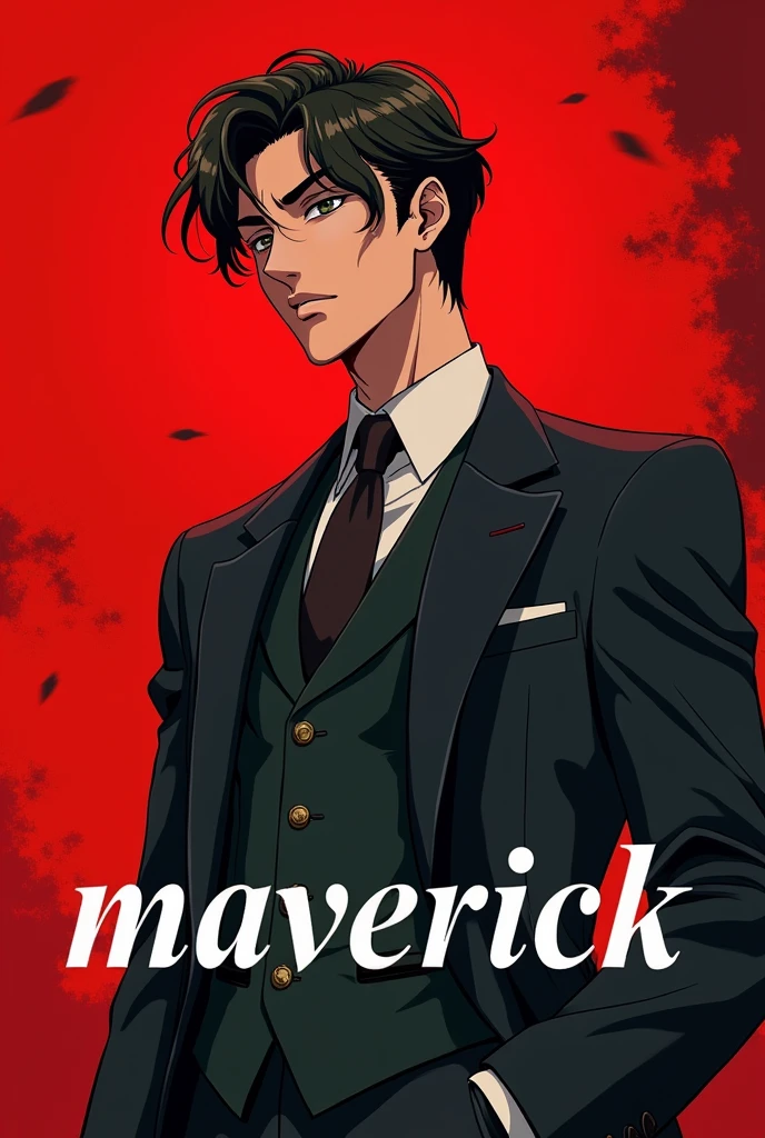Anime man in three piece old school with red background and text "Maverick"