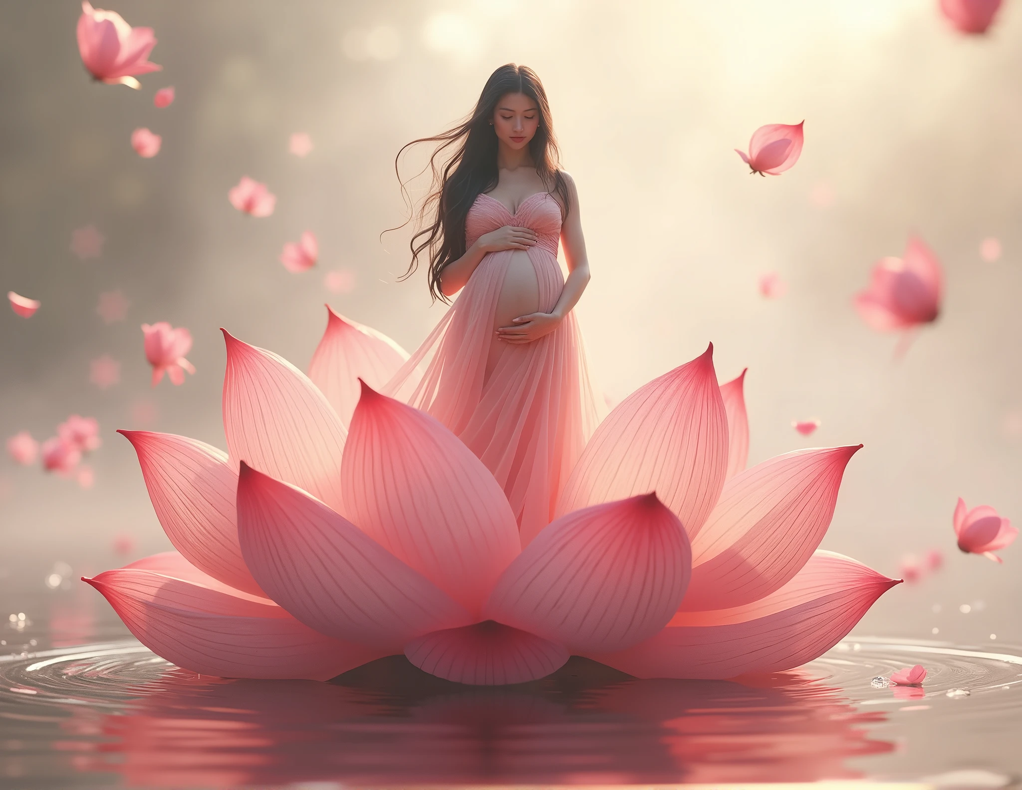  full length, black hair  pregnant , looking camera   , Beautiful face, dress made of red rose petals, Light pink and light white tones, Esbian Full Body, beautiful backgrouond , daylight, Efeito de Luz, Minimalistic, Solar, pure tenderness, soft lighting, Realism. beautiful woman stand  on a super giant lotus with double and long petals (petals made of thin, soft transparent,streaming, fabrics, full background of flowing petals, floating flower, super flying petals, Smoke effect, Fog, some water reflaciton mixed with petals), lotus dress, ((ss-through)) full length. 