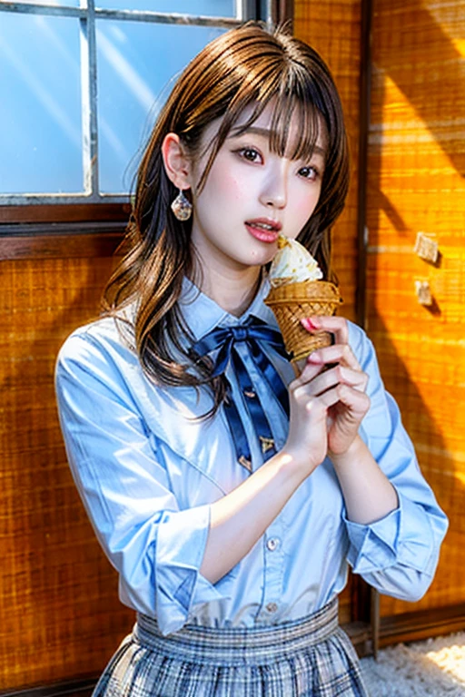 best quality, masterpiece, realistic, photo-realistic, high resolution, intricate details,  extremely detailed, face focus, solo, 1girl,  a Japanese female idol, (open mouth, eating an ice cream in hand, licking an ice cream in hand, ice cream cone:1.4),
dark hair, tiny breast, flat chest, detailed face, detailed eyes, sophisticated nose, pale skin, fine-textured skin, blouse, plaid skirt, earrings, jewelry, photo background, indoors,
