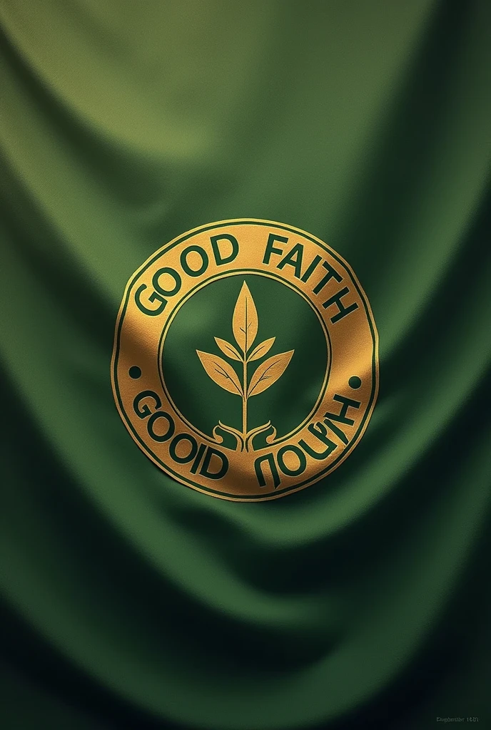 An art for an evangelical flag in olive green color, with a simple round golden coat of arms with the name good faith and a symbol of a seed.