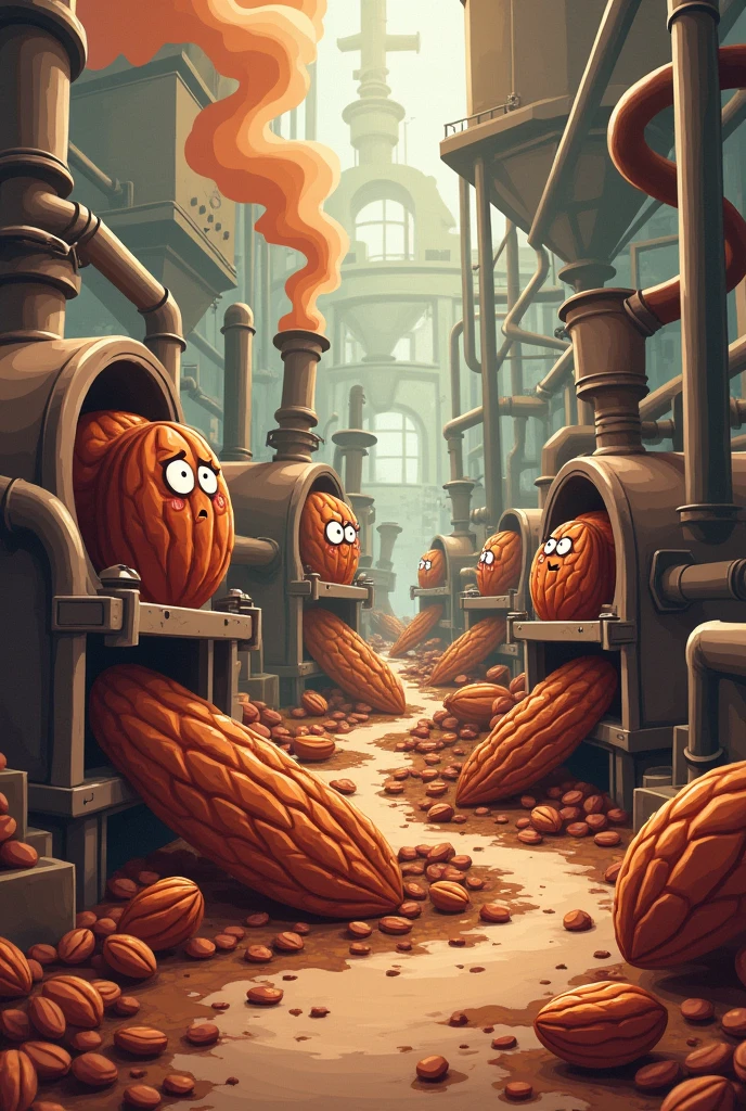 Make a cartoon image of cocoa being refined in mills to obtain a smooth and fine texture.