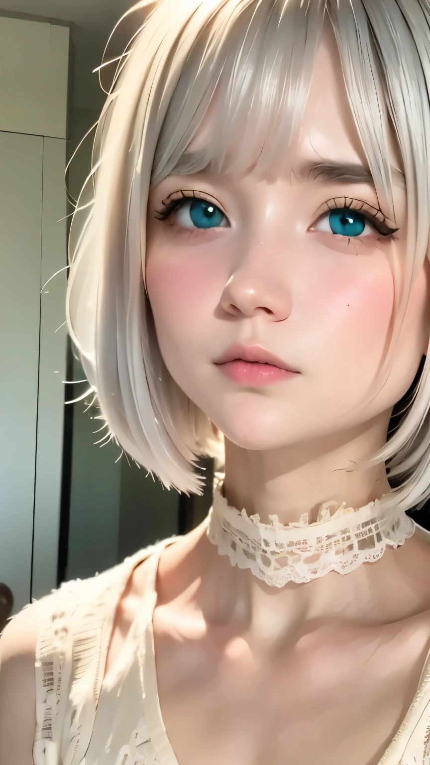 cute, (Silver Hair、White Mesh), ((Short Bob)), Perfect Face, Innocence, An ennui look、Upper Body,(Grey Eyes),  (Small breasts), (thin), ((cute胸)), ((Only 16)), Very detailed, Attractive oval face, Red lips, pink, Glowing Skin, thin髪, Face Focus, Chest close-up, Gorgeous hair ornament, ((1 person)), Embarrassed expression,