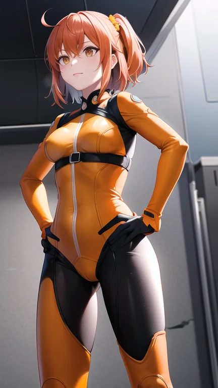 masterpiece, best quality, highres, aaritsuka, short hair, ahoge, hair scrunchie, orange scrunchie, medium breasts,  (orange bodysuit:1.2), black gloves, hand on hip, standing