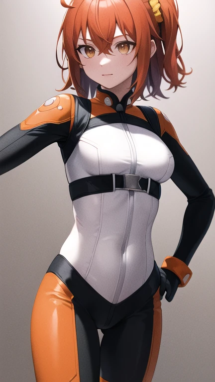 masterpiece, best quality, highres, aaritsuka, short hair, ahoge, hair scrunchie, orange scrunchie, medium breasts,  (orange bodysuit:1.2), black gloves, hand on hip, standing